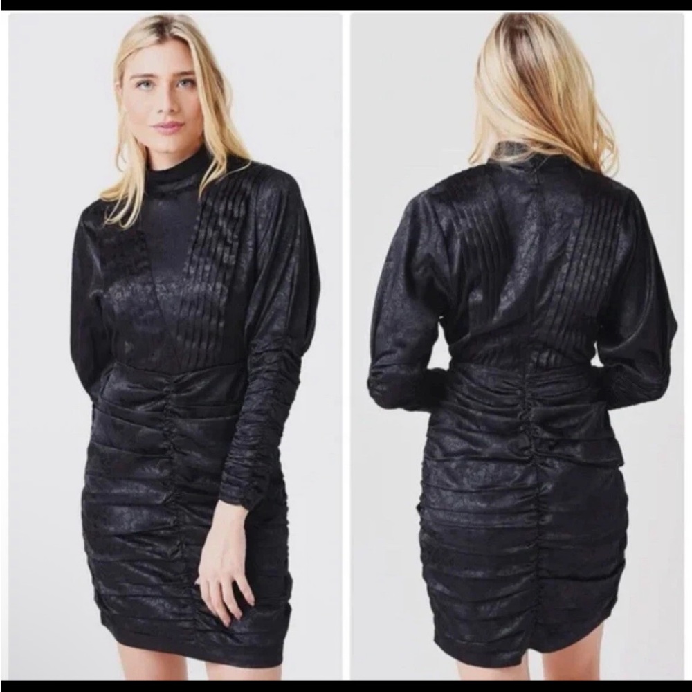 HUNTER BELL Ariana Mini Dress Long Sleeve Womens Size 2 Ruched Pleats Black